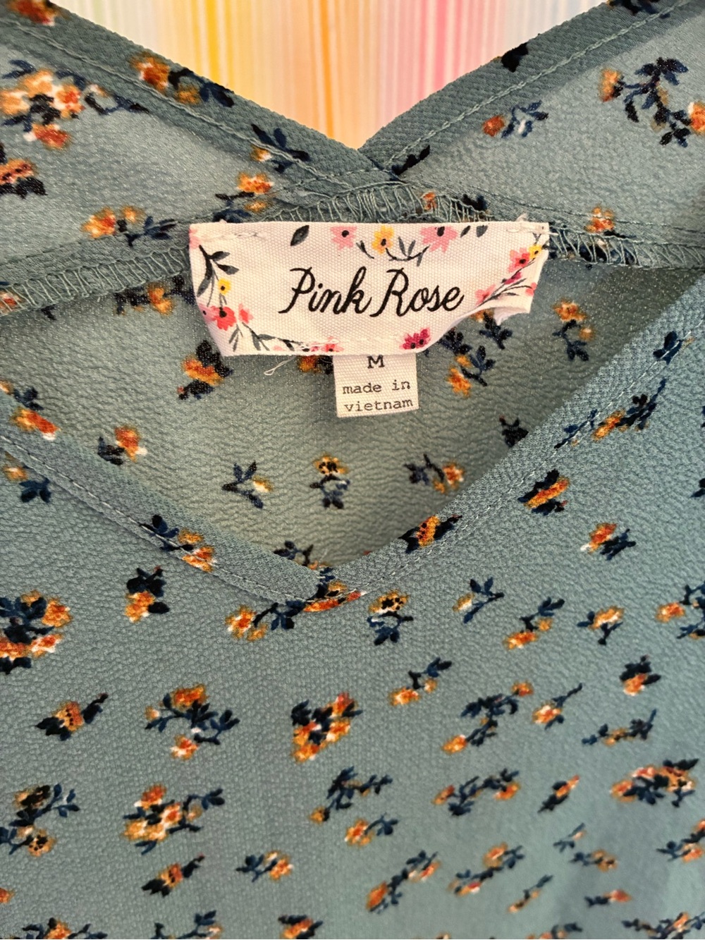 Pink Rose Teal Floral V-Neck Short Sleeve Top - Picture 2 of 4